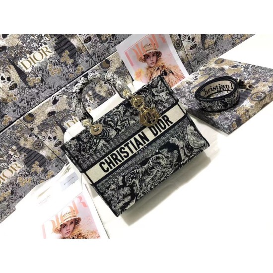 Replica Dior Large Lady D-Lite Bag Toile de Jouy Reverse Embroidery Blue
