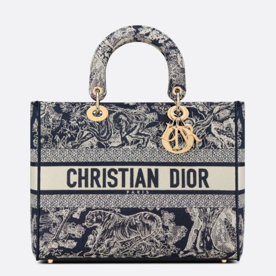 Replica Dior Large Lady D-Lite Bag Toile de Jouy Reverse Embroidery Blue