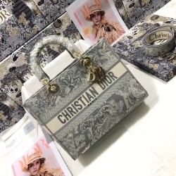 Fake Dior Large Lady D-Lite Bag Toile de Jouy Reverse Embroidery Gray Replica