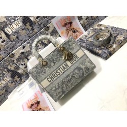 Fake Dior Large Lady D-Lite Bag Toile de Jouy Reverse Embroidery Gray Replica
