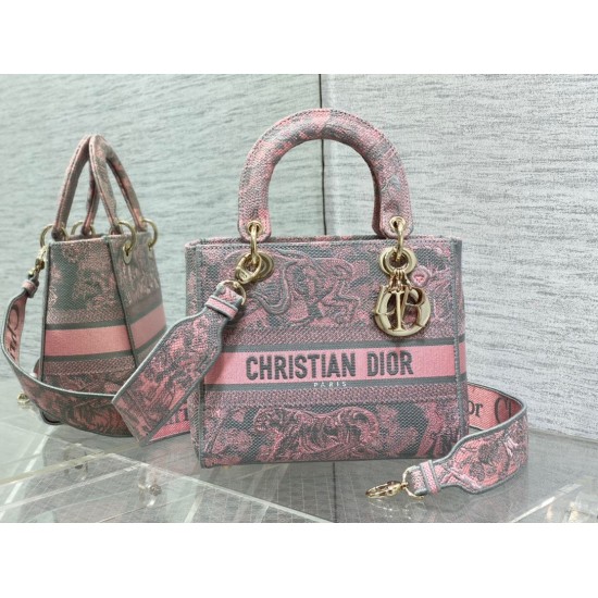 Replica Dior Lady D-Lite Medium Bag Toile de Jouy Reverse Embroidery Grey / Pink Replica Dior Lady D-Lite Medium Bag Toile de Jouy Reverse Embroidery Grey / Pink