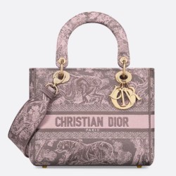 Replica Dior Lady D-Lite Medium Bag Toile de Jouy Reverse Embroidery Grey / Pink
