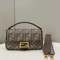Replica Baguette 8BR600 houndstooth wool bag with FF embroidery Brown