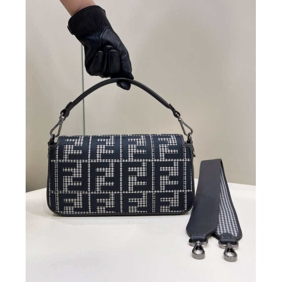 Fake Baguette 8BR600 houndstooth wool bag with FF embroidery Gray Replica Fake Baguette 8BR600 houndstooth wool bag with FF embroidery Gray Replica