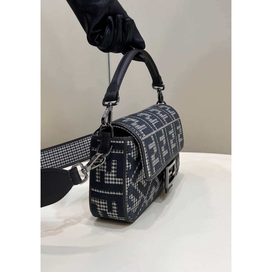 Fake Baguette 8BR600 houndstooth wool bag with FF embroidery Gray Replica Fake Baguette 8BR600 houndstooth wool bag with FF embroidery Gray Replica