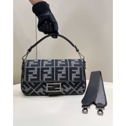 Fake Baguette 8BR600 houndstooth wool bag with FF embroidery Gray Replica