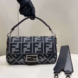 Fake Baguette 8BR600 houndstooth wool bag with FF embroidery Gray Replica