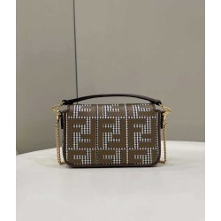 Replica 8BS017 Mini Baguette houndstooth wool bag with FF embroidery Brown