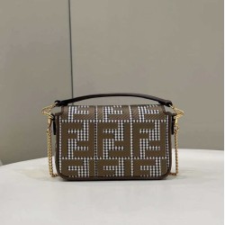 Replica 8BS017 Mini Baguette houndstooth wool bag with FF embroidery Brown