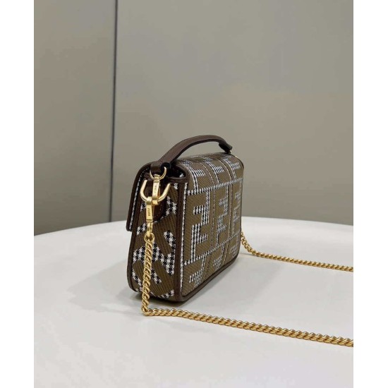 Fake 8BS017 Mini Baguette houndstooth wool bag with FF embroidery Brown Replica Replica 8BS017 Mini Baguette houndstooth wool bag with FF embroidery Brown