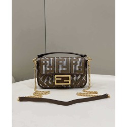 Replica 8BS017 Mini Baguette houndstooth wool bag with FF embroidery Brown