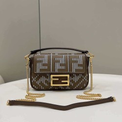 Replica 8BS017 Mini Baguette houndstooth wool bag with FF embroidery Brown