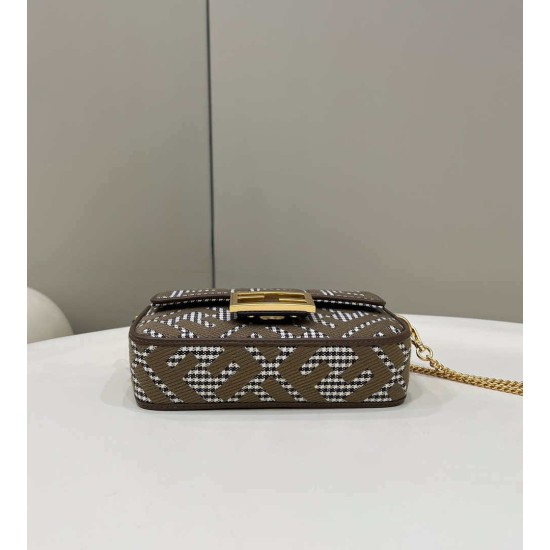 Fake 8BS017 Mini Baguette houndstooth wool bag with FF embroidery Brown Replica Replica 8BS017 Mini Baguette houndstooth wool bag with FF embroidery Brown