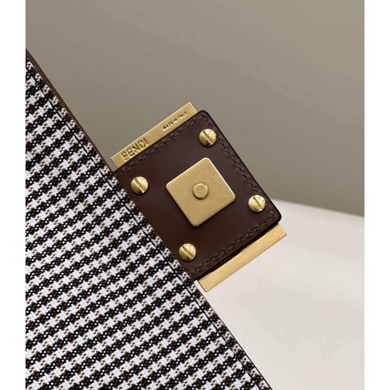 Fake 8BS017 Mini Baguette houndstooth wool bag with FF embroidery Brown Replica Replica 8BS017 Mini Baguette houndstooth wool bag with FF embroidery Brown