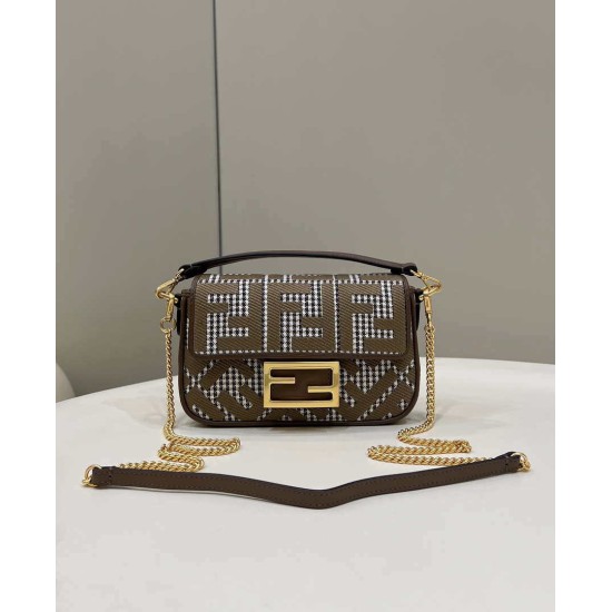 Fake 8BS017 Mini Baguette houndstooth wool bag with FF embroidery Brown Replica Replica 8BS017 Mini Baguette houndstooth wool bag with FF embroidery Brown