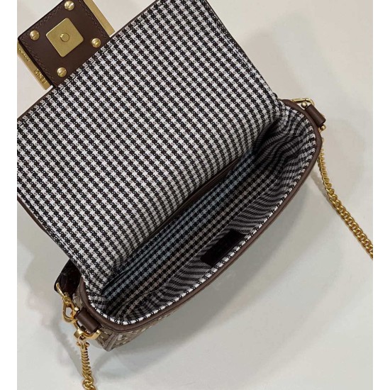 Fake 8BS017 Mini Baguette houndstooth wool bag with FF embroidery Brown Replica Replica 8BS017 Mini Baguette houndstooth wool bag with FF embroidery Brown