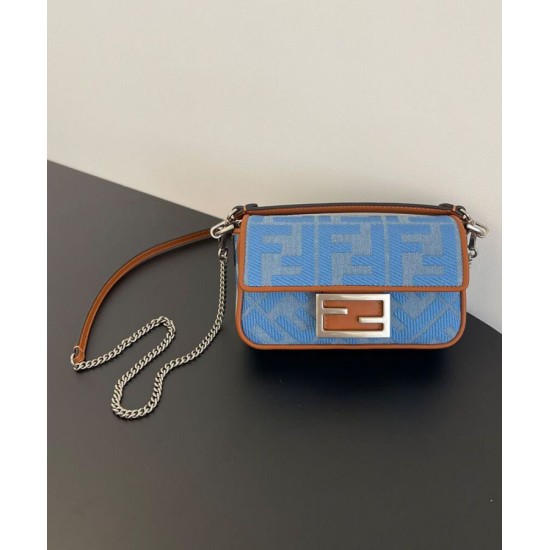 Fake Baguette Mini Bag 8BS017 denim FF motif embroidery Blue Replica