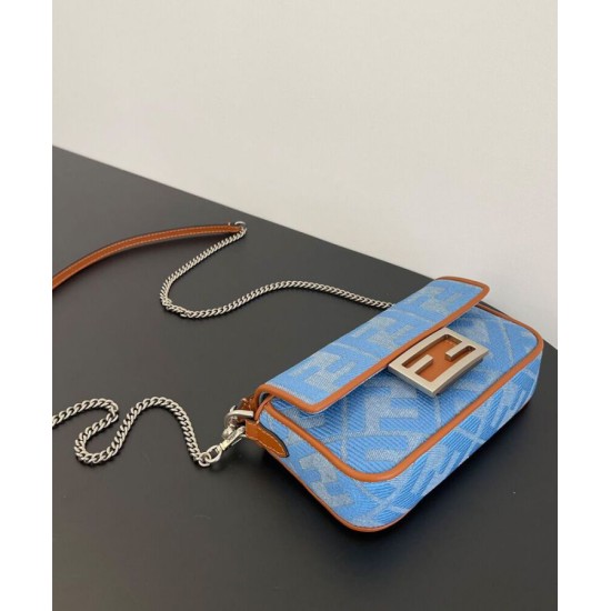 Fake Baguette Mini Bag 8BS017 denim FF motif embroidery Blue Replica