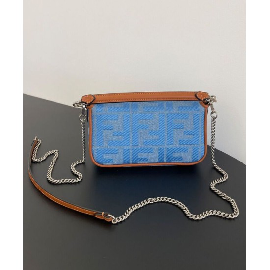 Fake Baguette Mini Bag 8BS017 denim FF motif embroidery Blue Replica