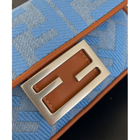 Fake Baguette Mini Bag 8BS017 denim FF motif embroidery Blue Replica