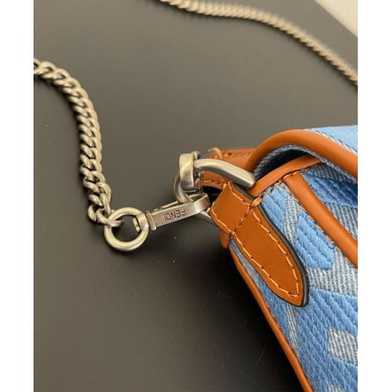 Fake Baguette Mini Bag 8BS017 denim FF motif embroidery Blue Replica