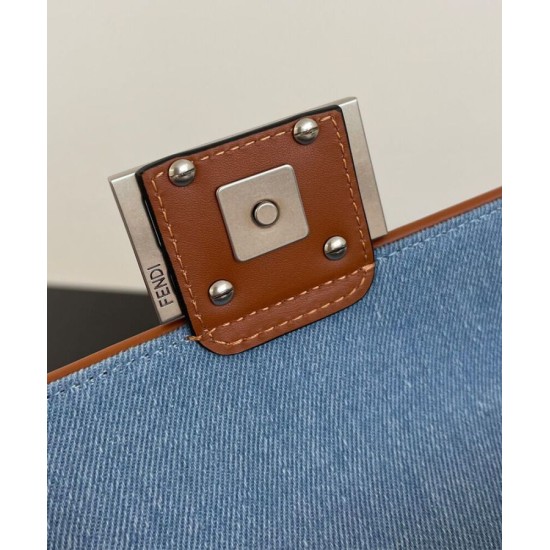 Fake Baguette Mini Bag 8BS017 denim FF motif embroidery Blue Replica