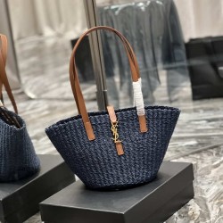 Fake YSL Saint Laurent Panier Medium Bag Raffia Navy Blue Replica