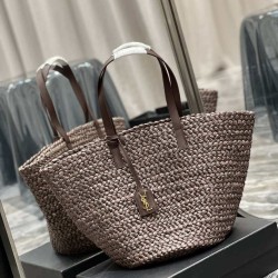 Replica YSL Saint Laurent Tote Panier Maxi Bag 693242 In Raffia Dark Brown