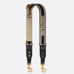 Fake Dior Adjustable Shoulder Strap with Ring Embroidery Canvas Black Replica