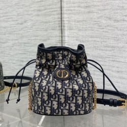 Top Replica Dior 30 Montaigne Mini Dior Oblique Jacquard Drawstring Bucket Bag in Blue