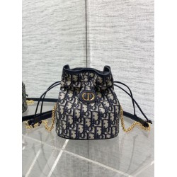 Top Replica Dior 30 Montaigne Mini Dior Oblique Jacquard Drawstring Bucket Bag in Blue