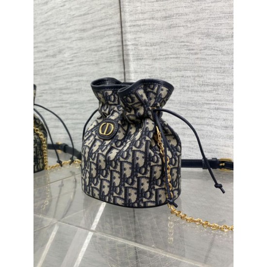 Top Replica Dior 30 Montaigne Mini Dior Oblique Jacquard Drawstring Bucket Bag in Blue