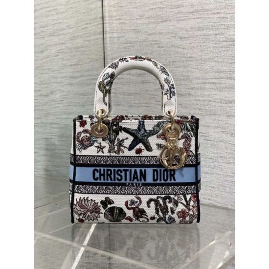 Super Clone Replica Dior Medium Lady D-Lite Bag with Constellation embroidery in Blue/White Top Replica Dior Medium Lady D-Lite Bag with Constellation embroidery in Blue/White