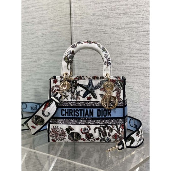 Super Clone Replica Dior Medium Lady D-Lite Bag with Constellation embroidery in Blue/White Top Replica Dior Medium Lady D-Lite Bag with Constellation embroidery in Blue/White