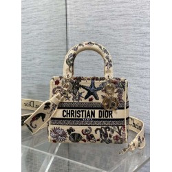 Top Replica Dior Medium Lady D-Lite Canvas Embroidered Cabinet De Curiosites Bag in Beige