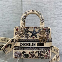 Top Replica Dior Medium Lady D-Lite Canvas Embroidered Cabinet De Curiosites Bag in Beige