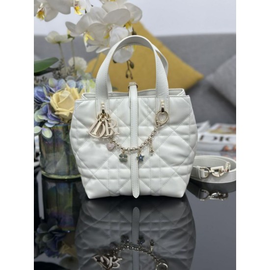 Top Replica Dior Toujours Small Vertical Tote Bag with Lucky Charm, White