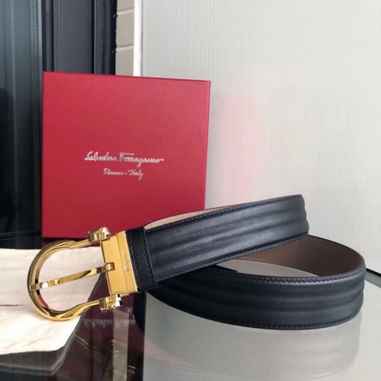 Top Replica Salvatore Ferragamo Men's 3.5cm Belt with Exquisite Gold Pin Buckle, Black