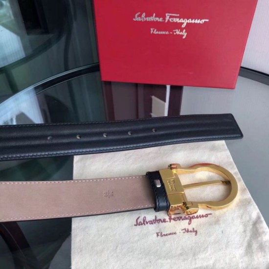 Top Replica Salvatore Ferragamo Men's 3.5cm Belt with Exquisite Gold Pin Buckle, Black
