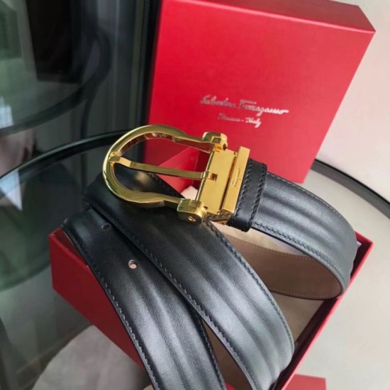 Top Replica Salvatore Ferragamo Men's 3.5cm Belt with Exquisite Gold Pin Buckle, Black