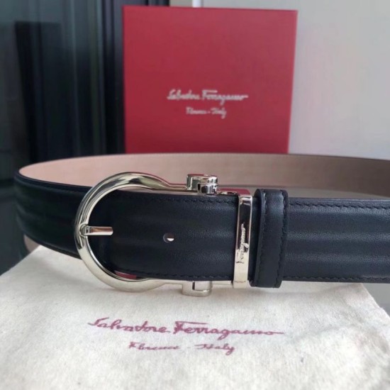 Top Replica Salvatore Ferragamo Men's 3.5cm Belt with Exquisite Silver Pin Buckle, Black