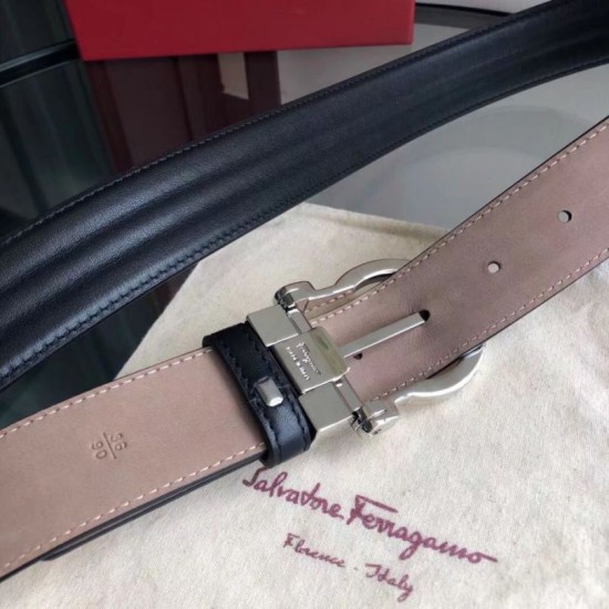 Top Replica Salvatore Ferragamo Men's 3.5cm Belt with Exquisite Silver Pin Buckle, Black