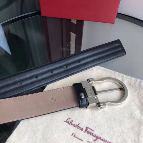 Top Replica Salvatore Ferragamo Men's 3.5cm Belt with Exquisite Silver Pin Buckle, Black