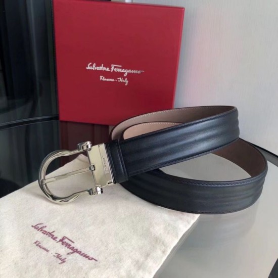 Top Replica Salvatore Ferragamo Men's 3.5cm Belt with Exquisite Silver Pin Buckle, Black