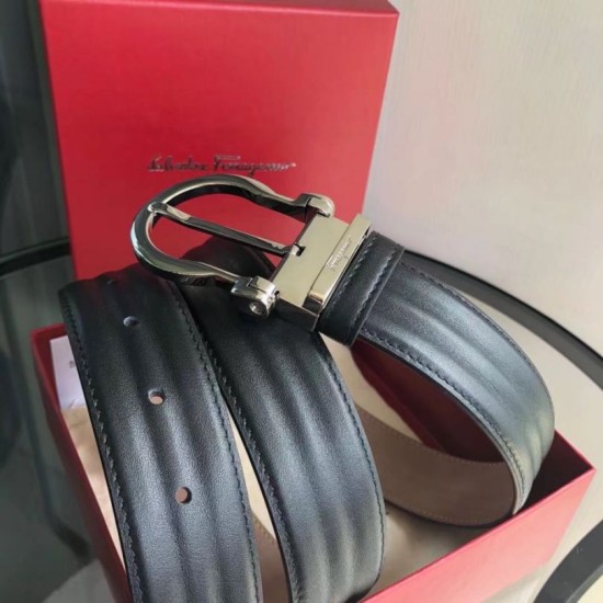 Top Replica Salvatore Ferragamo Men's 3.5cm Belt with Exquisite Silver Pin Buckle, Black