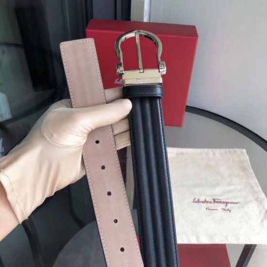 Top Replica Salvatore Ferragamo Men's 3.5cm Belt with Exquisite Silver Pin Buckle, Black