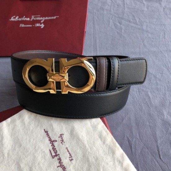 Top Replica Salvatore Ferragamo Men's 3.5cm Reversible Belt with Gold Metal Clip, Black