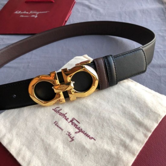 Top Replica Salvatore Ferragamo Men's 3.5cm Reversible Belt with Gold Metal Clip, Black