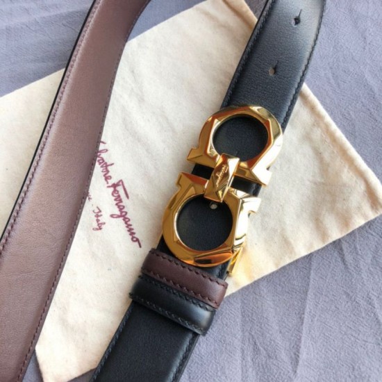 Top Replica Salvatore Ferragamo Men's 3.5cm Reversible Belt with Gold Metal Clip, Black