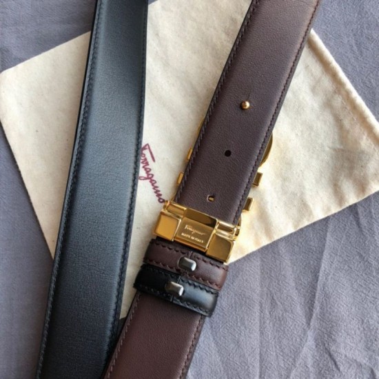 Top Replica Salvatore Ferragamo Men's 3.5cm Reversible Belt with Gold Metal Clip, Black